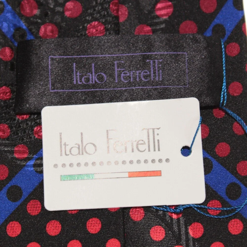 Italo Ferretti NWT Neck Tie in Black with Multicolor Polka Dots 100% Silk